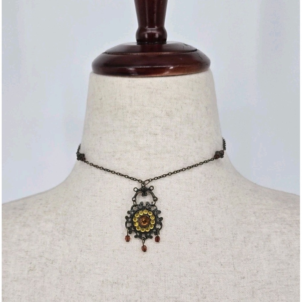Czech Brass Filigree Amber Yellow Rhinestone Medallion Necklace 14 "17" Vintage